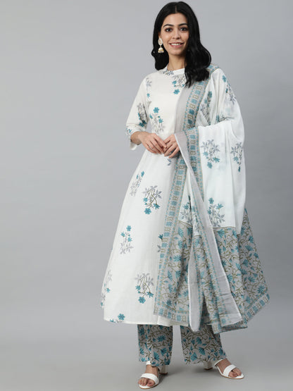 Women Off-White Printed Flared Kurta With Trouser & Dupatta | LASVINI - Redefining Indian Fashion with Elegance