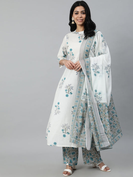 Women Off-White Printed Flared Kurta With Trouser & Dupatta | LASVINI - Redefining Indian Fashion with Elegance