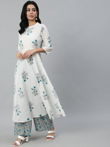 Women Off-White Printed Flared Kurta With Trouser & Dupatta | LASVINI - Redefining Indian Fashion with Elegance