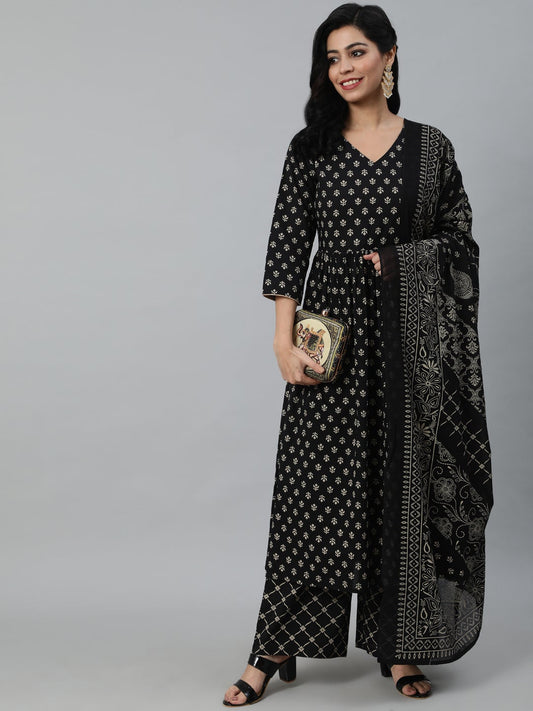 Women Black Ethnic Printed Straight Kurta With Palazzo & Dupatta | LASVINI - Redefining Indian Fashion with Elegance