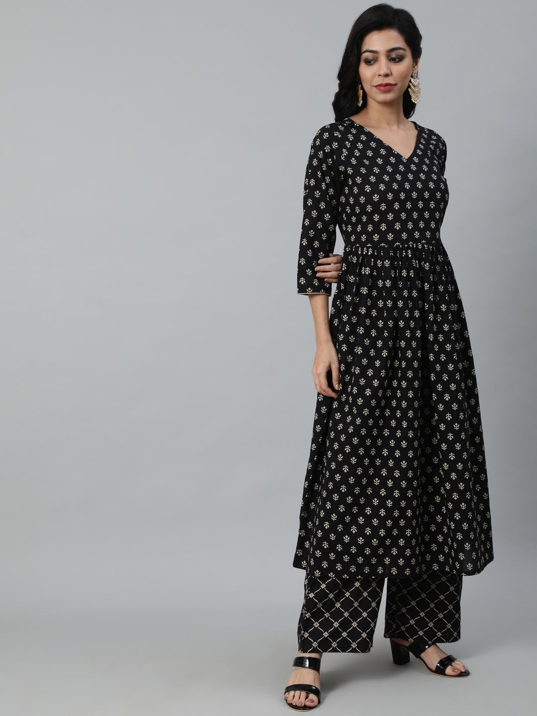 Women Black Ethnic Printed Straight Kurta With Palazzo & Dupatta | LASVINI - Redefining Indian Fashion with Elegance