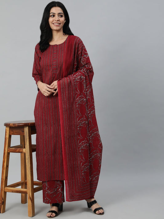 Women Maroon Striped Pure Cotton Kurta With Palazzos & Dupatta | LASVINI - Redefining Indian Fashion with Elegance