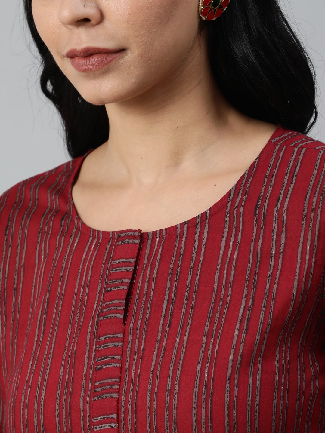 Women Maroon Striped Pure Cotton Kurta With Palazzos & Dupatta | LASVINI - Redefining Indian Fashion with Elegance