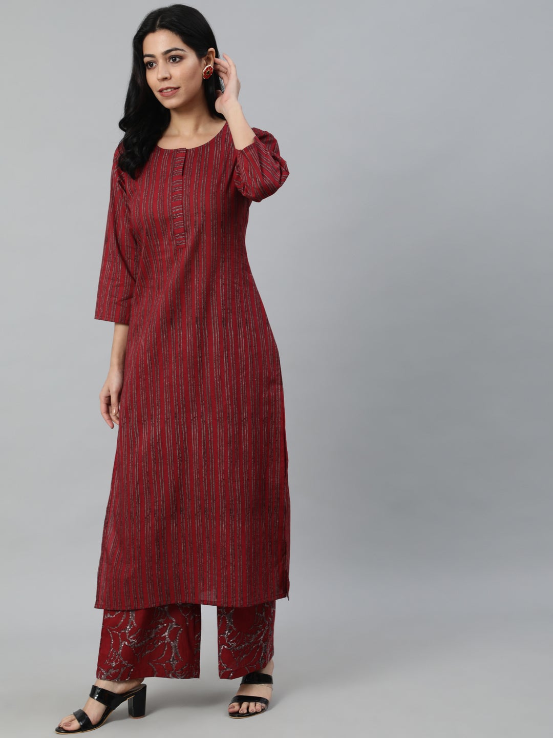 Women Maroon Striped Pure Cotton Kurta With Palazzos & Dupatta | LASVINI - Redefining Indian Fashion with Elegance