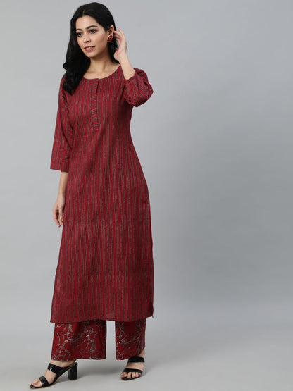 Women Maroon Striped Pure Cotton Kurta With Palazzos & Dupatta | LASVINI - Redefining Indian Fashion with Elegance