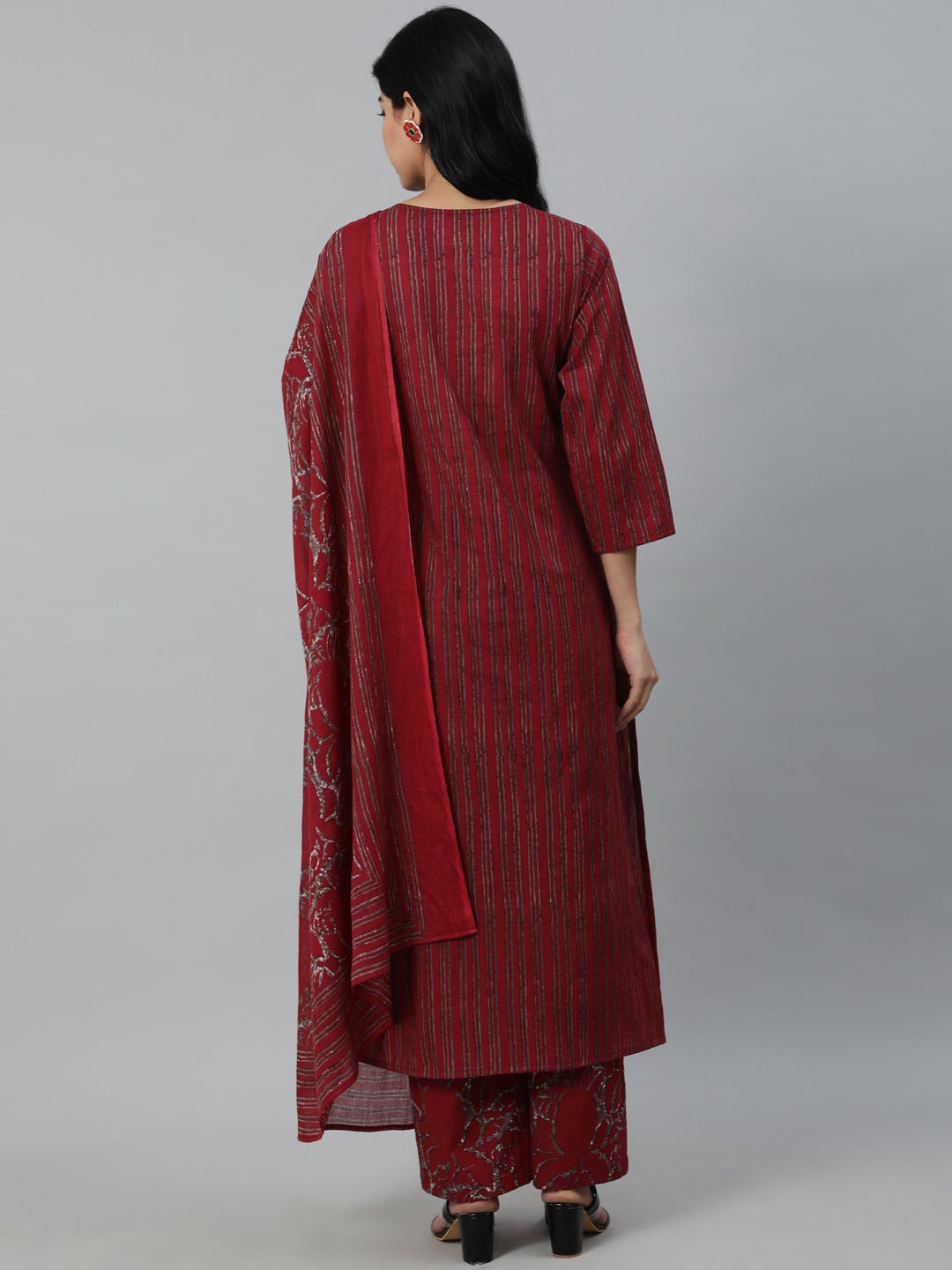 Women Maroon Striped Pure Cotton Kurta With Palazzos & Dupatta | LASVINI - Redefining Indian Fashion with Elegance