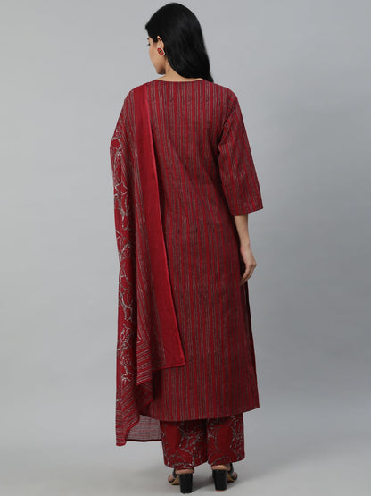 Women Maroon Striped Pure Cotton Kurta With Palazzos & Dupatta | LASVINI - Redefining Indian Fashion with Elegance