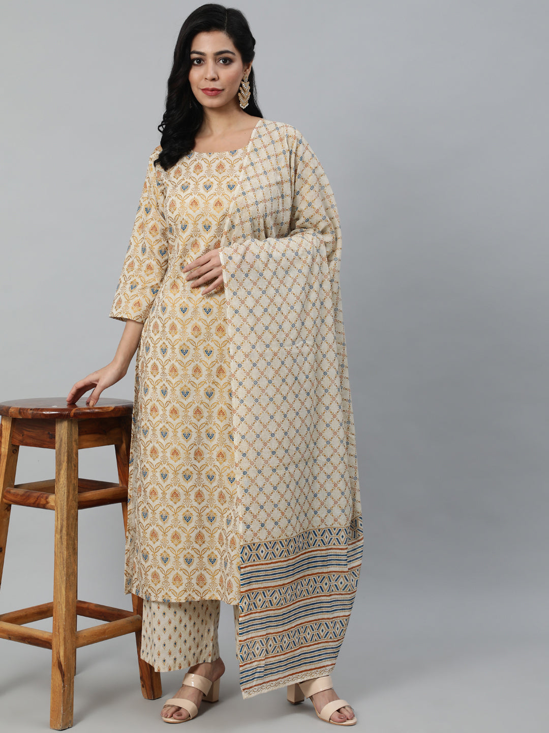Women Cream & Gold Printed Straight Kurta With Plazo & Dupatta | LASVINI - Redefining Indian Fashion with Elegance