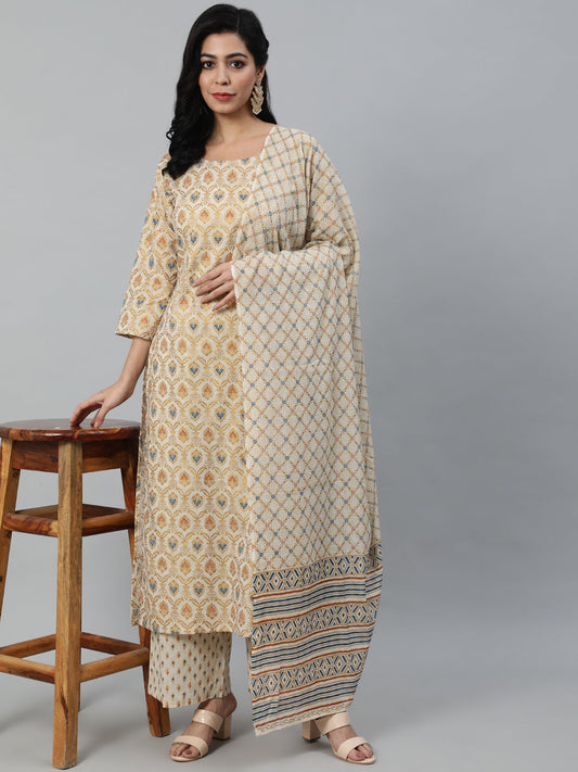 Women Cream & Gold Printed Straight Kurta With Plazo & Dupatta | LASVINI - Redefining Indian Fashion with Elegance