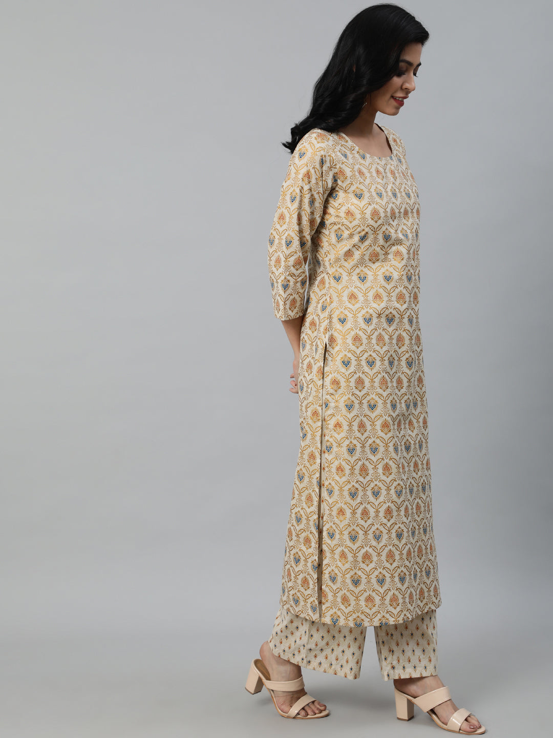 Women Cream & Gold Printed Straight Kurta With Plazo & Dupatta | LASVINI - Redefining Indian Fashion with Elegance