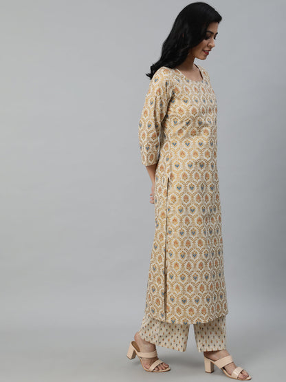 Women Cream & Gold Printed Straight Kurta With Plazo & Dupatta | LASVINI - Redefining Indian Fashion with Elegance