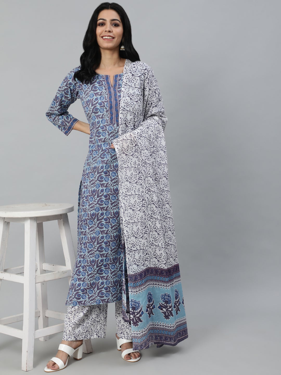 Women Blue Printed Straight Kurta With Plazo & Dupatta | LASVINI - Redefining Indian Fashion with Elegance