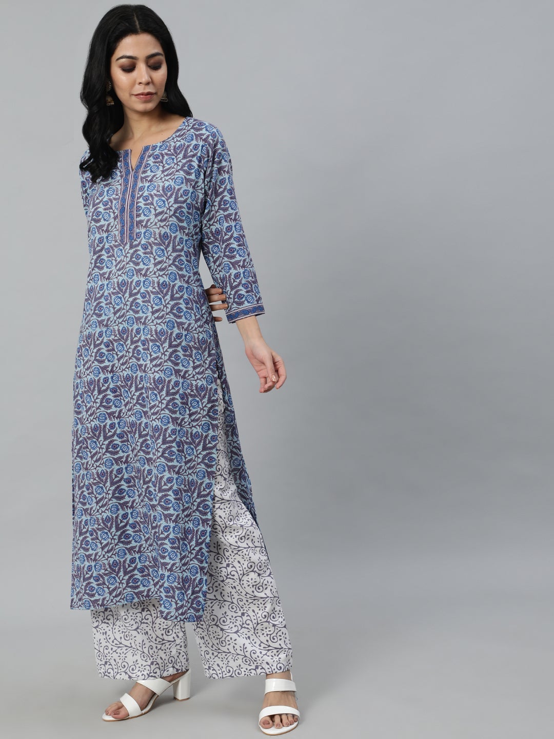 Women Blue Printed Straight Kurta With Plazo & Dupatta | LASVINI - Redefining Indian Fashion with Elegance