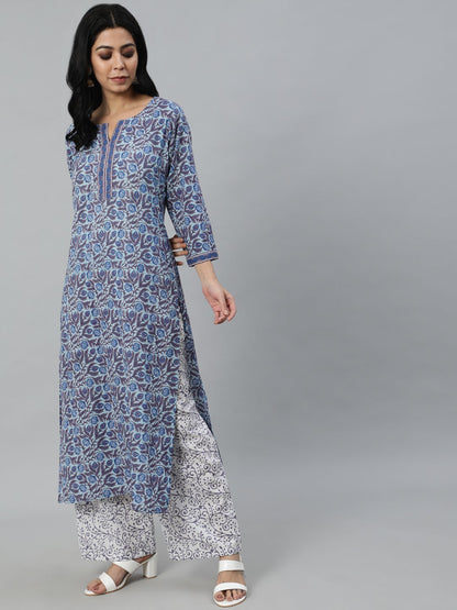 Women Blue Printed Straight Kurta With Plazo & Dupatta | LASVINI - Redefining Indian Fashion with Elegance