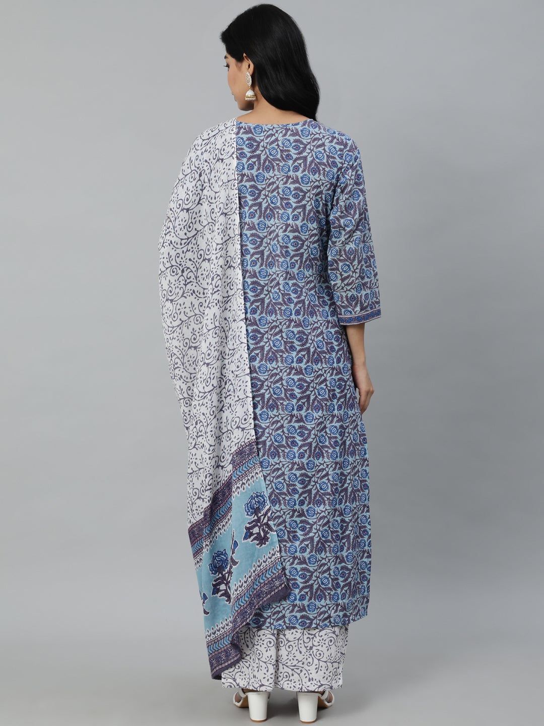Women Blue Printed Straight Kurta With Plazo & Dupatta | LASVINI - Redefining Indian Fashion with Elegance