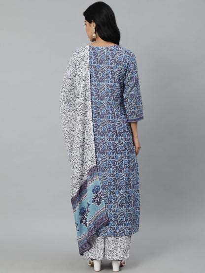 Women Blue Printed Straight Kurta With Plazo & Dupatta | LASVINI - Redefining Indian Fashion with Elegance