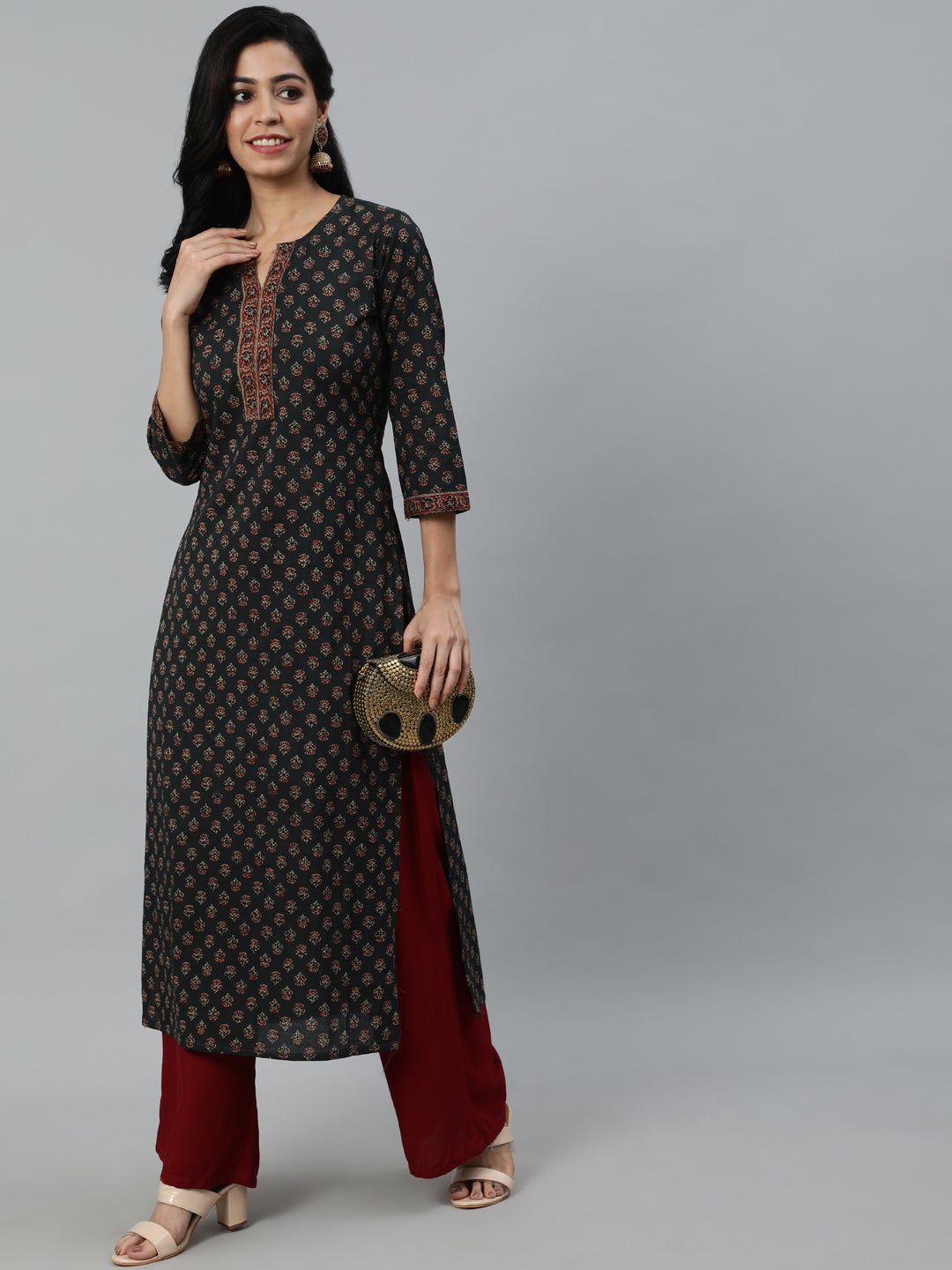 Women Green Ethnic Printed Straight Kurta With Three Quarter Sleeves | LASVINI - Redefining Indian Fashion with Elegance