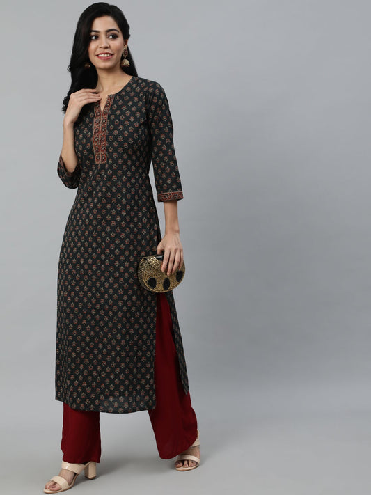 Women Green Ethnic Printed Straight Kurta With Three Quarter Sleeves | LASVINI - Redefining Indian Fashion with Elegance