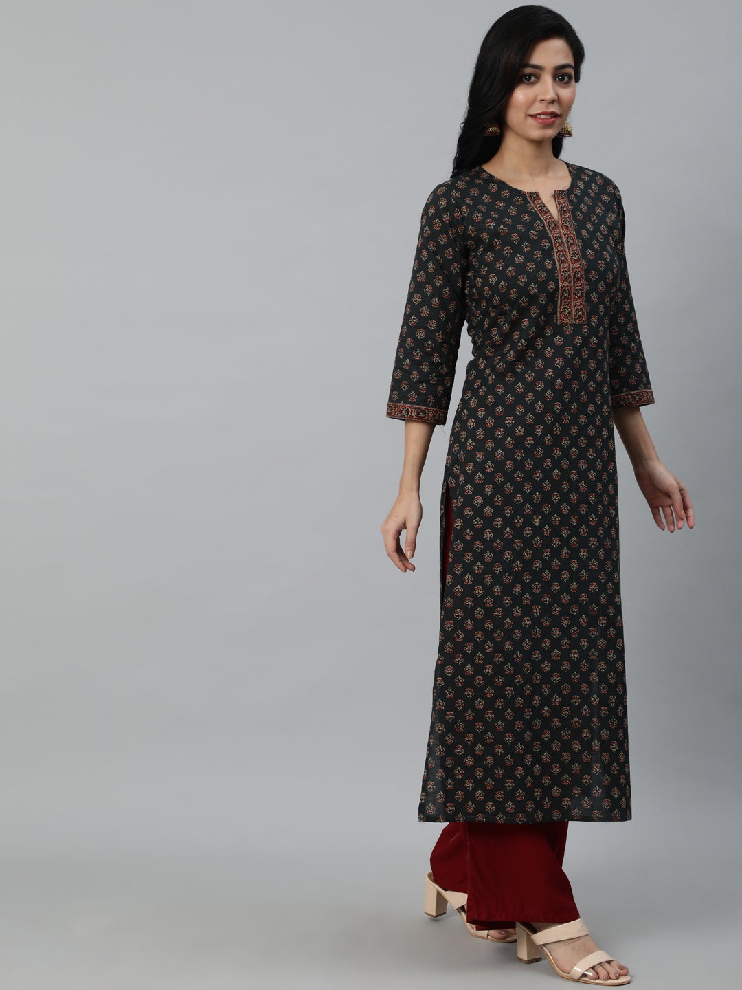 Women Green Ethnic Printed Straight Kurta With Three Quarter Sleeves | LASVINI - Redefining Indian Fashion with Elegance