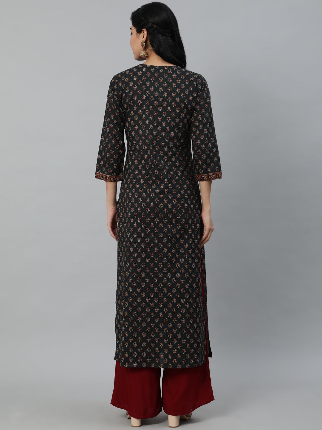 Women Green Ethnic Printed Straight Kurta With Three Quarter Sleeves | LASVINI - Redefining Indian Fashion with Elegance