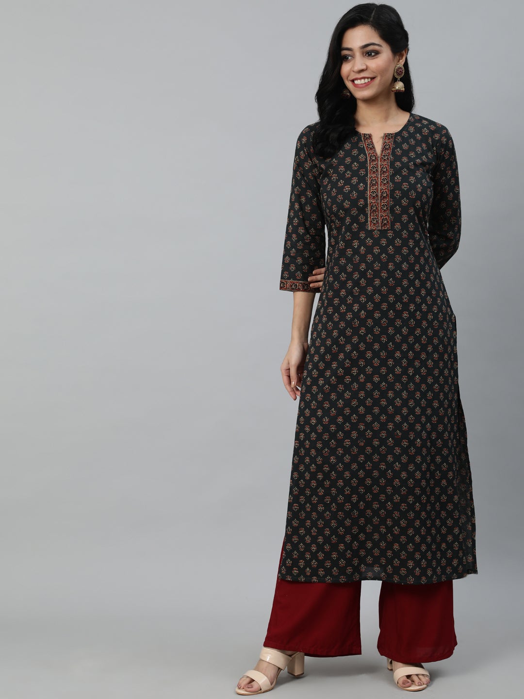 Women Green Ethnic Printed Straight Kurta With Three Quarter Sleeves | LASVINI - Redefining Indian Fashion with Elegance