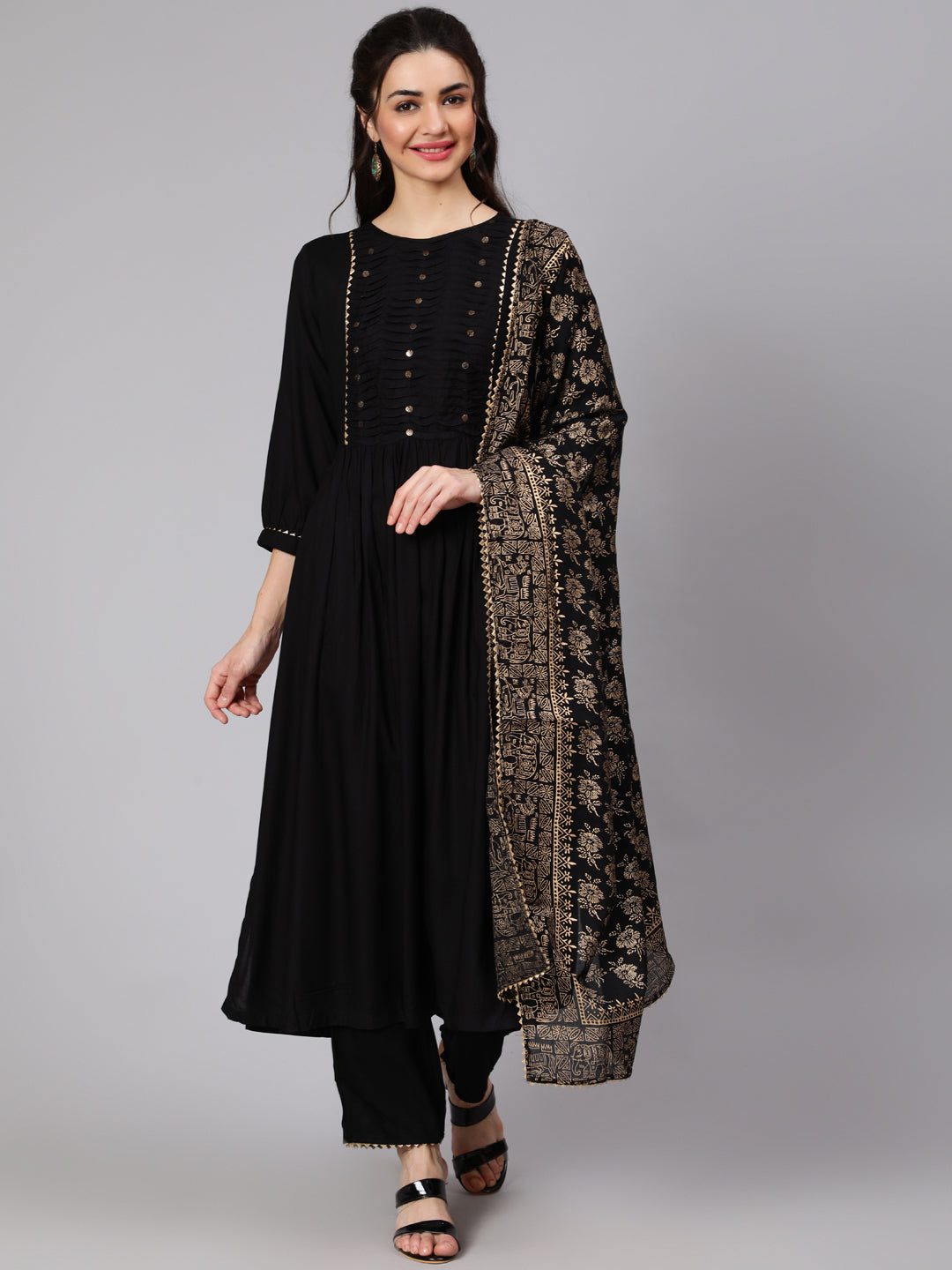 Women Black Gathered Kurta With Plazo & Dupatta | LASVINI - Redefining Indian Fashion with Elegance