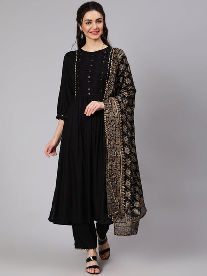 Women Black Gathered Kurta With Plazo & Dupatta | LASVINI - Redefining Indian Fashion with Elegance