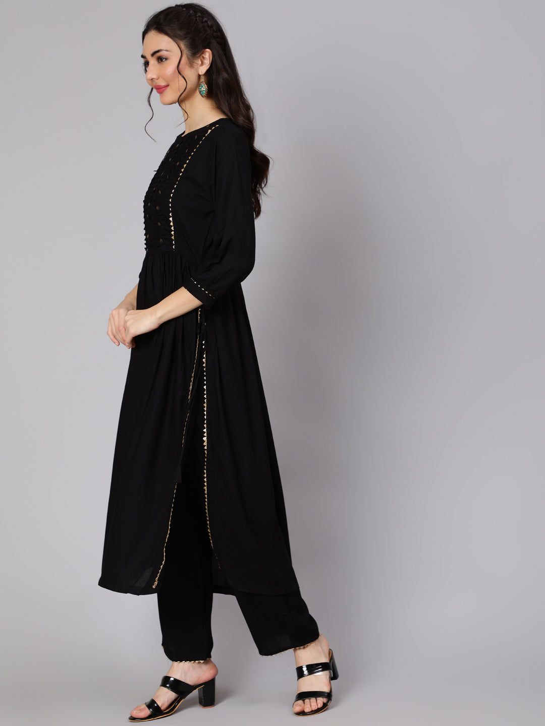 Women Black Gathered Kurta With Plazo & Dupatta | LASVINI - Redefining Indian Fashion with Elegance