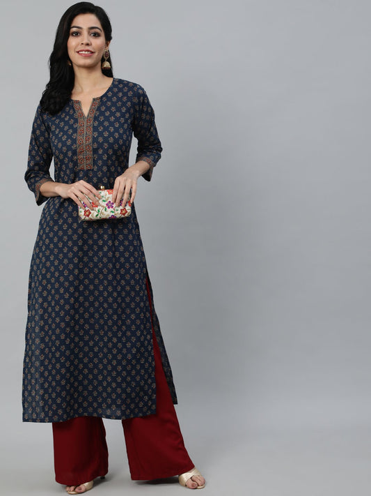Women Navy Blue Ethnic Printed Straight Kurta With Three Quarter Sleeves | LASVINI - Redefining Indian Fashion with Elegance
