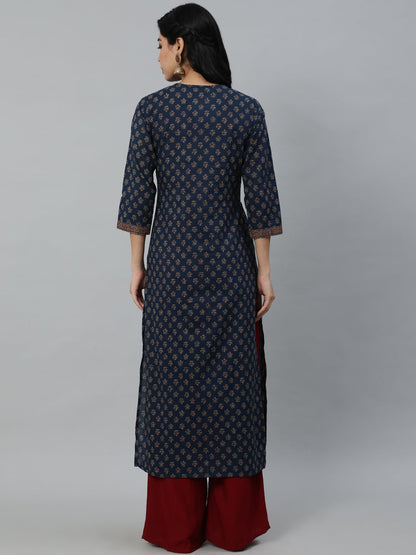 Women Navy Blue Ethnic Printed Straight Kurta With Three Quarter Sleeves | LASVINI - Redefining Indian Fashion with Elegance