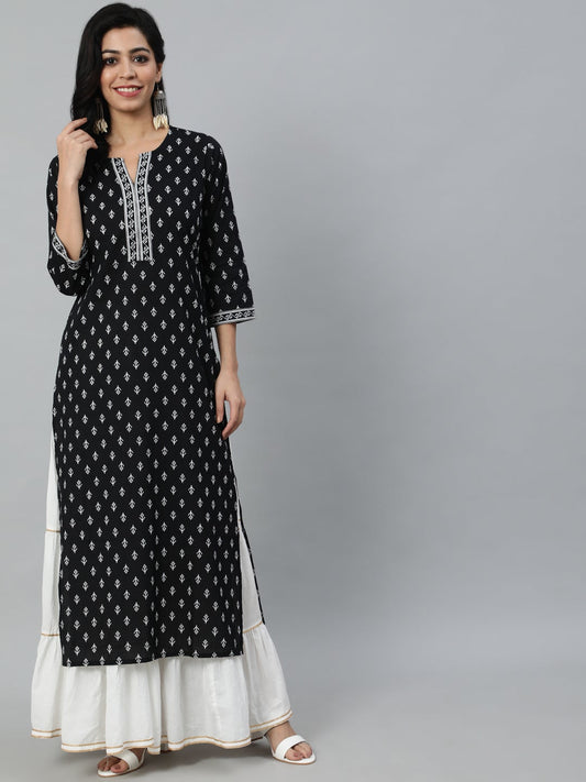 Women Black Calf Length Straight Kurta With Round Neck And Three Quarter Sleeves | LASVINI - Redefining Indian Fashion with Elegance