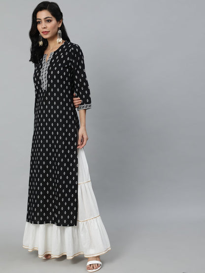 Women Black Calf Length Straight Kurta With Round Neck And Three Quarter Sleeves | LASVINI - Redefining Indian Fashion with Elegance