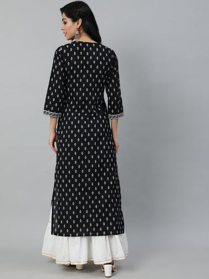 Women Black Calf Length Straight Kurta With Round Neck And Three Quarter Sleeves | LASVINI - Redefining Indian Fashion with Elegance