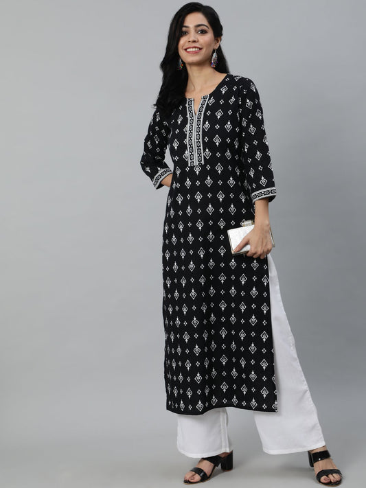 Women Black Printed Straight Kurta With Three Quarter Sleeves | LASVINI - Redefining Indian Fashion with Elegance