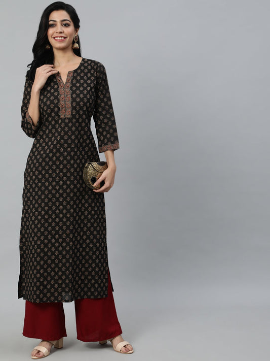 Women Brown Ethnic Printed Straight Kurta With Three Quarter Sleeves | LASVINI - Redefining Indian Fashion with Elegance