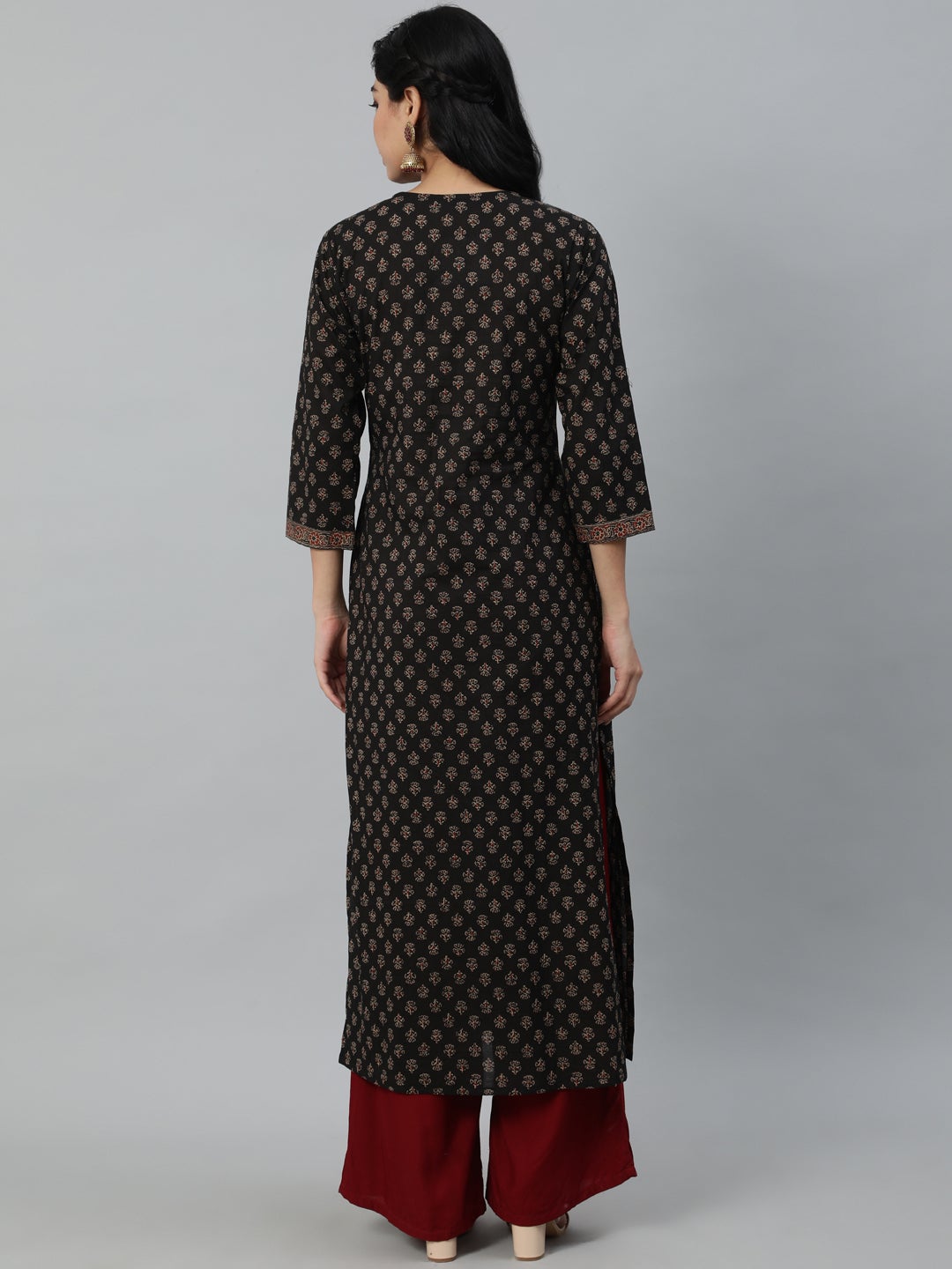 Women Brown Ethnic Printed Straight Kurta With Three Quarter Sleeves | LASVINI - Redefining Indian Fashion with Elegance