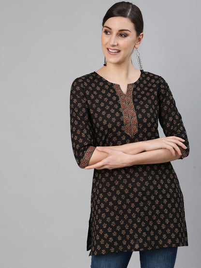 Women Brown Printed Straight Tunic With Three Quarter Sleeves | LASVINI - Redefining Indian Fashion with Elegance