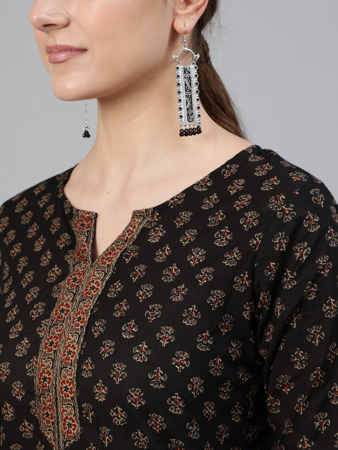Women Brown Printed Straight Tunic With Three Quarter Sleeves | LASVINI - Redefining Indian Fashion with Elegance