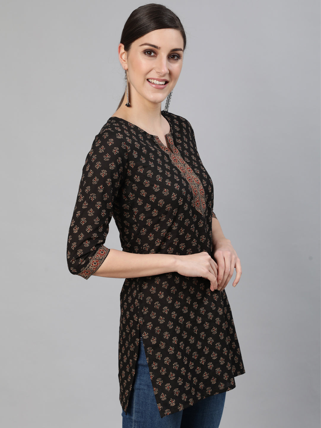 Women Brown Printed Straight Tunic With Three Quarter Sleeves | LASVINI - Redefining Indian Fashion with Elegance