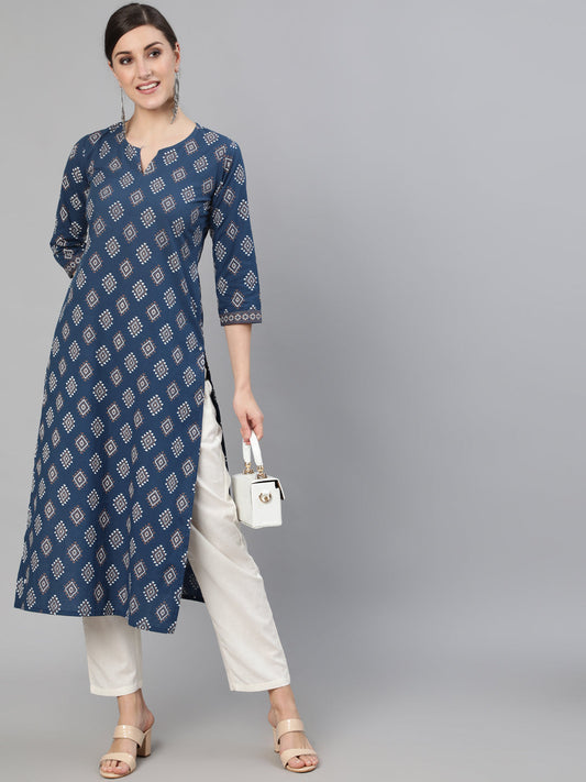 Women Blue Ethnic Printed Straight Kurta With Three Quarter Sleeves | LASVINI - Redefining Indian Fashion with Elegance