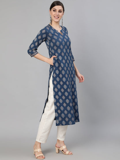 Women Blue Ethnic Printed Straight Kurta With Three Quarter Sleeves | LASVINI - Redefining Indian Fashion with Elegance