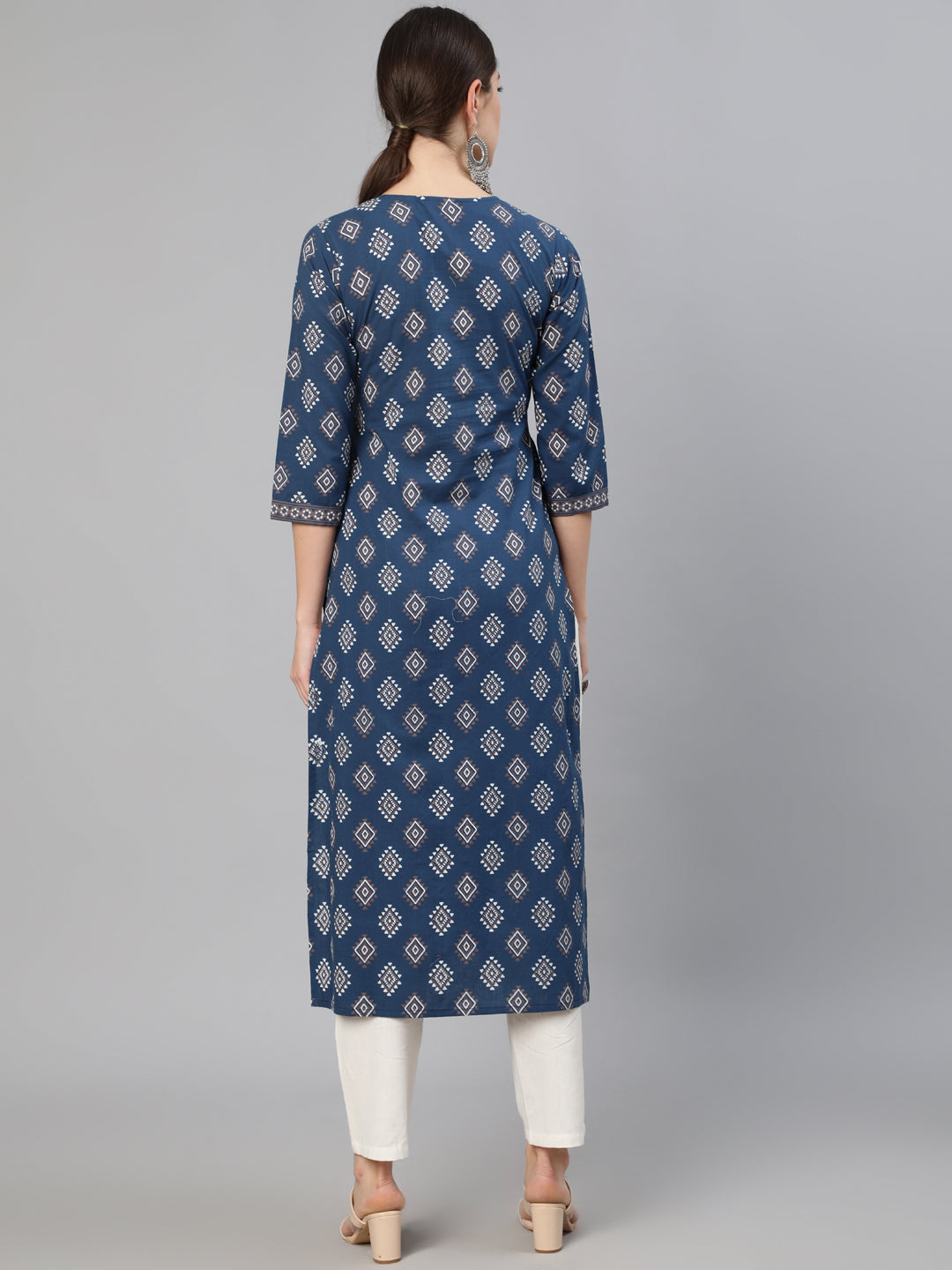 Women Blue Ethnic Printed Straight Kurta With Three Quarter Sleeves | LASVINI - Redefining Indian Fashion with Elegance
