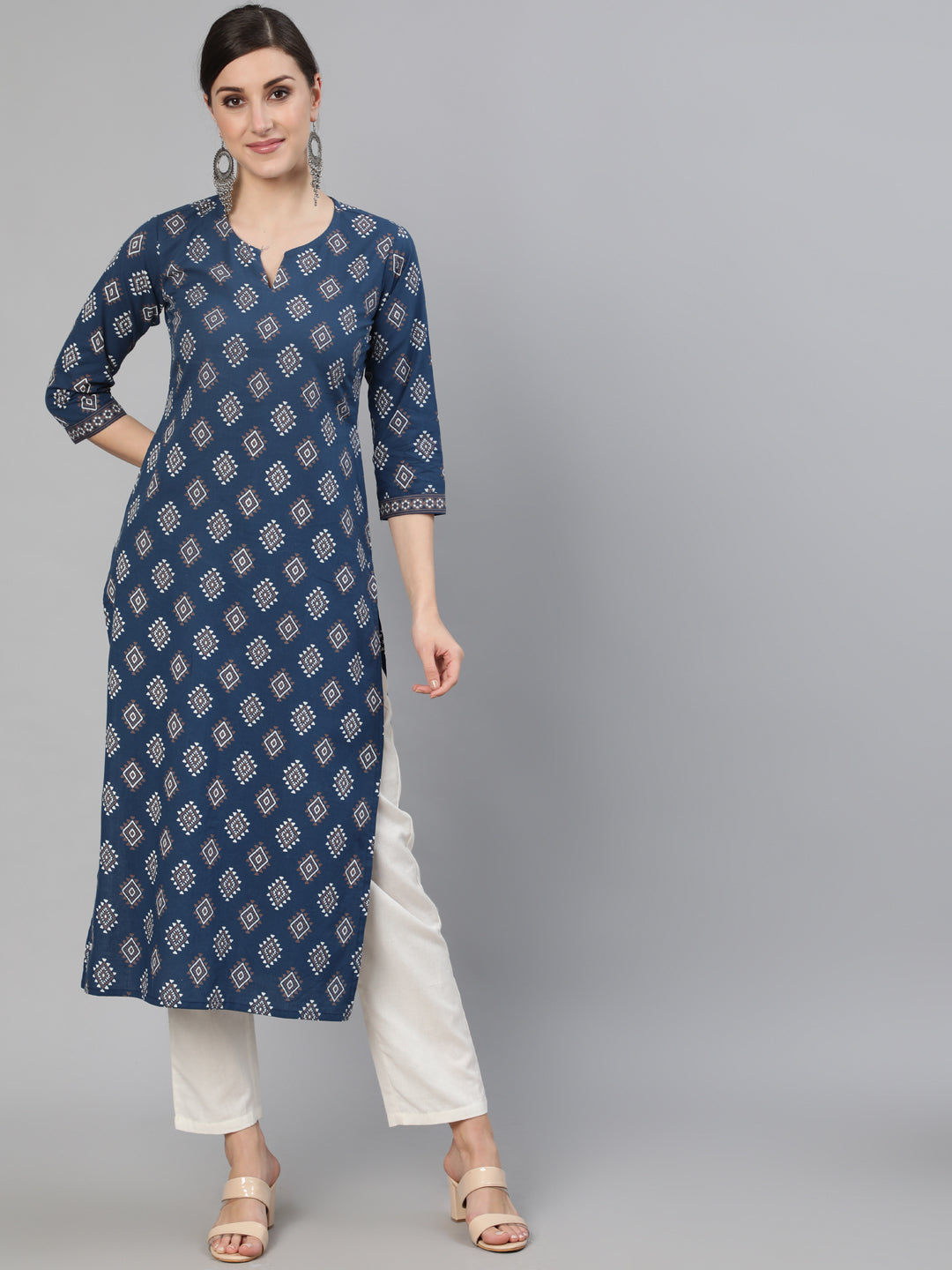 Women Blue Ethnic Printed Straight Kurta With Three Quarter Sleeves | LASVINI - Redefining Indian Fashion with Elegance