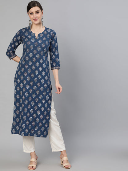 Women Blue Ethnic Printed Straight Kurta With Three Quarter Sleeves | LASVINI - Redefining Indian Fashion with Elegance