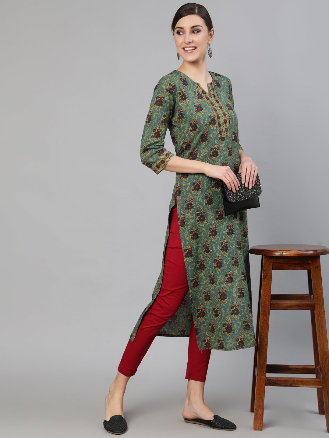 Women Blue Printed Straight Kurta With Three Quarter Sleeves | LASVINI - Redefining Indian Fashion with Elegance