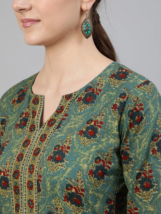 Women Blue Printed Straight Kurta With Three Quarter Sleeves | LASVINI - Redefining Indian Fashion with Elegance