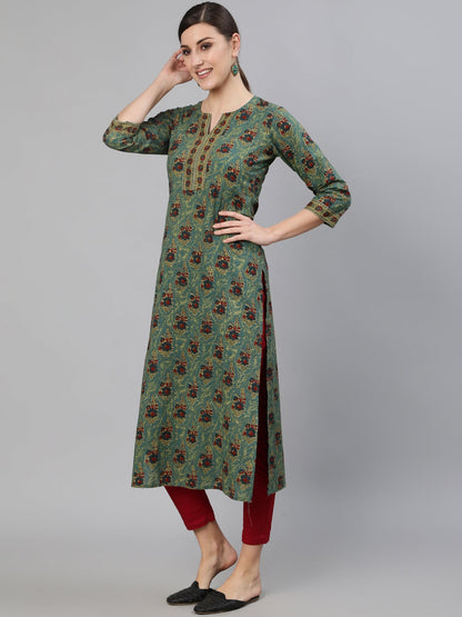 Women Blue Printed Straight Kurta With Three Quarter Sleeves | LASVINI - Redefining Indian Fashion with Elegance