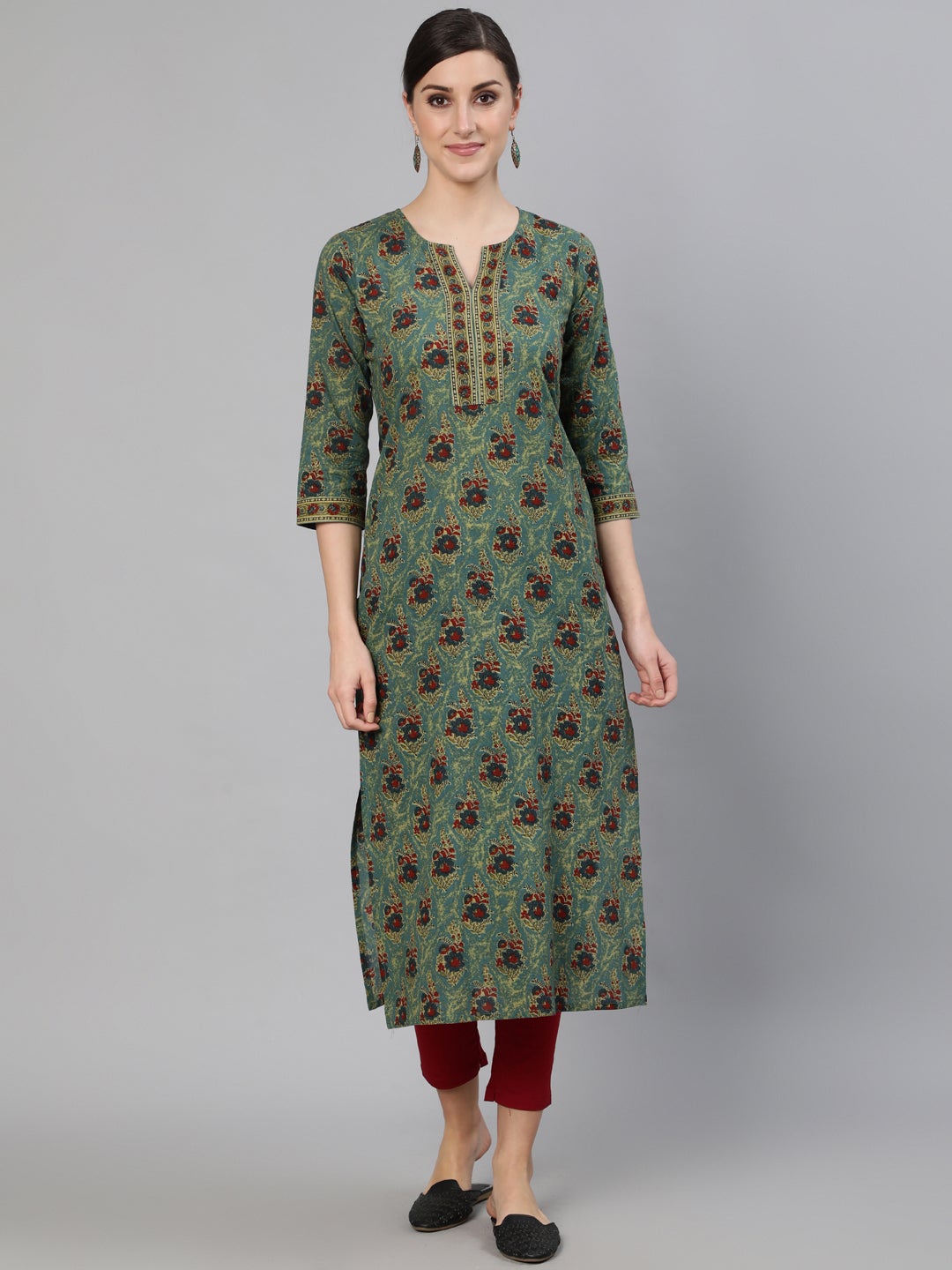 Women Blue Printed Straight Kurta With Three Quarter Sleeves | LASVINI - Redefining Indian Fashion with Elegance