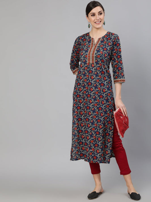 Women Blue Printed Straight Kurta With Three Quarter Sleeves | LASVINI - Redefining Indian Fashion with Elegance