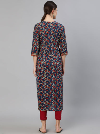 Women Blue Printed Straight Kurta With Three Quarter Sleeves | LASVINI - Redefining Indian Fashion with Elegance